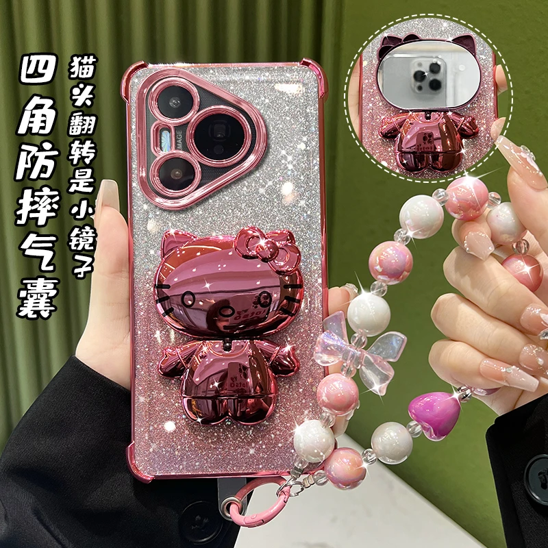 适用华为PURA70/70pro/70pro+/70ultra电镀猫咪镜子支架手机壳女