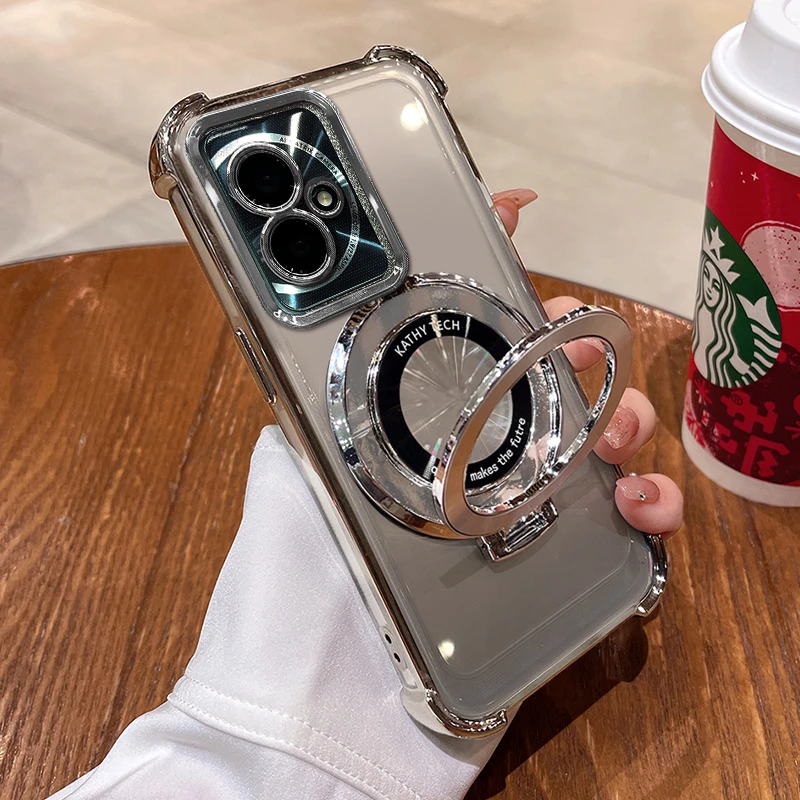 适用荣耀100电镀四角防摔简约高级感全包支架透明手机壳