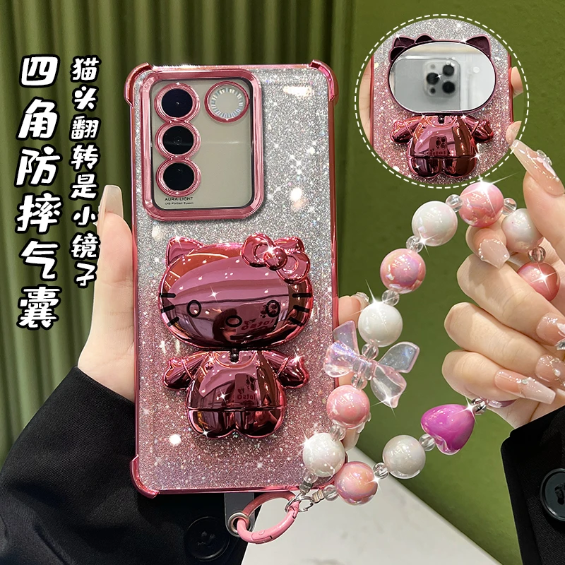 适用VIVOs16/s16pro四角防摔电镀猫咪镜子支架高级感手机壳