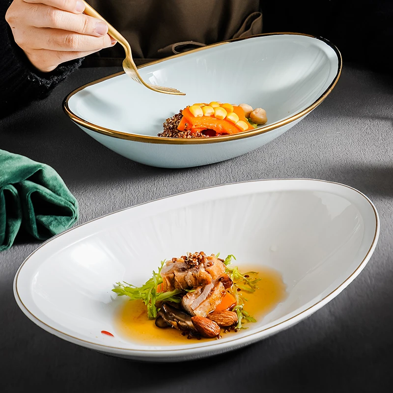鱼盘蒸鱼盘子火锅盘子家用西餐餐盘深盘汤盘沙拉碗盘大碟子高级感
