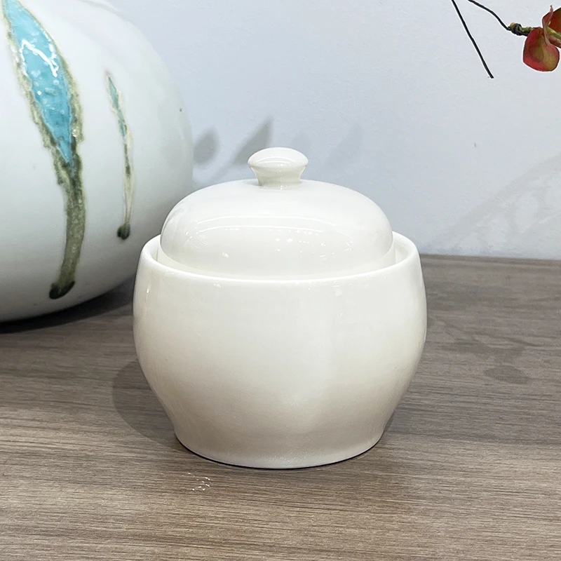 陶瓷炖盅家用白色带盖隔水炖罐燕窝蒸蛋碗瓦罐小汤盅金边中式酒店