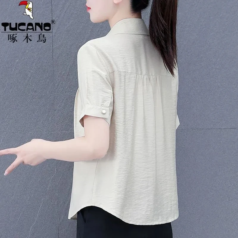 【官方】啄木鸟短袖衬衫女士夏季新款洋气衬衣中年妈妈半袖宽松小衫