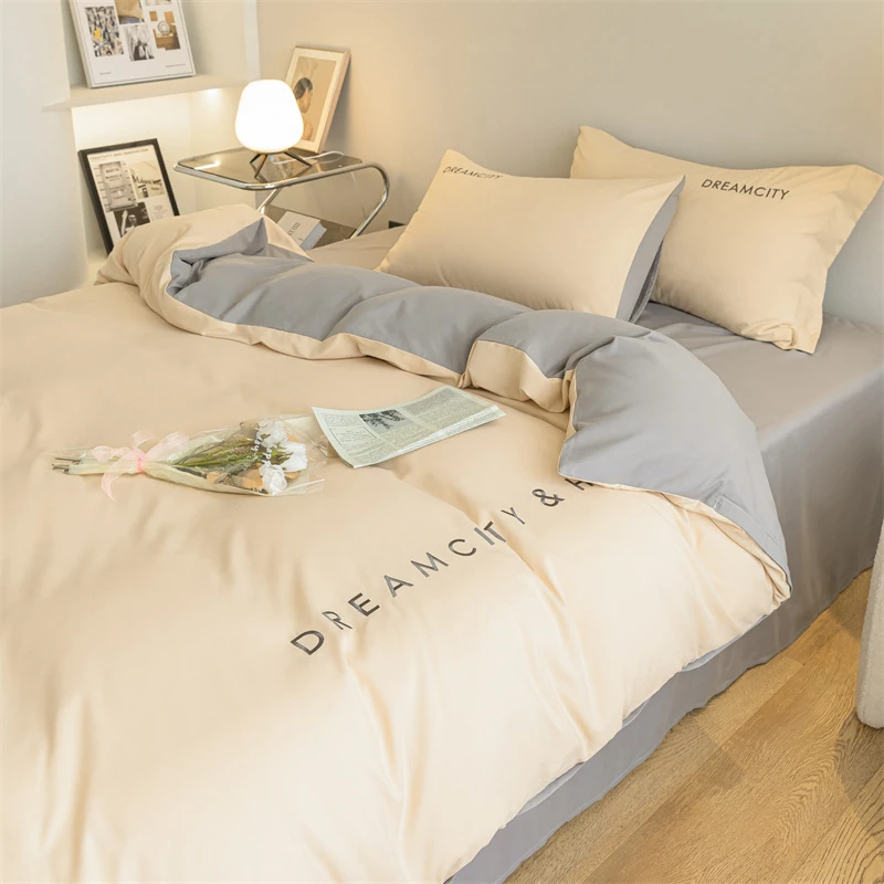 ins风裸睡床上用品四件套简约被套宿舍三件套非全棉纯棉床单床笠4