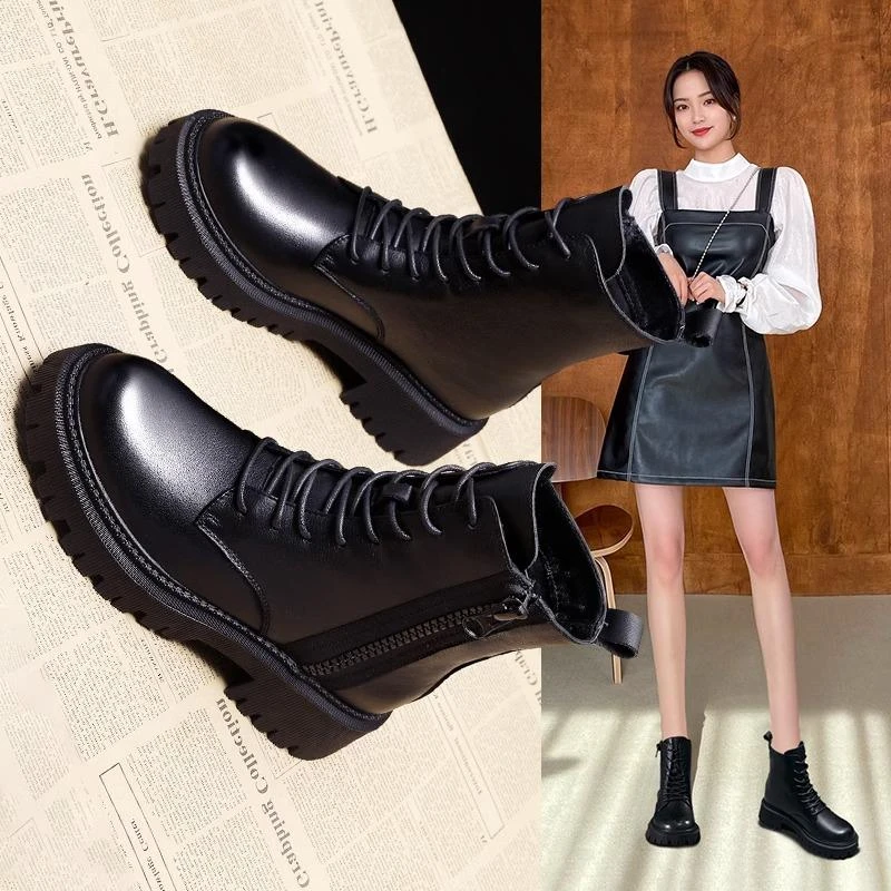 秋冬季回力休闲马丁靴女2023秋冬新款街头流行厚底加绒时尚百搭黑