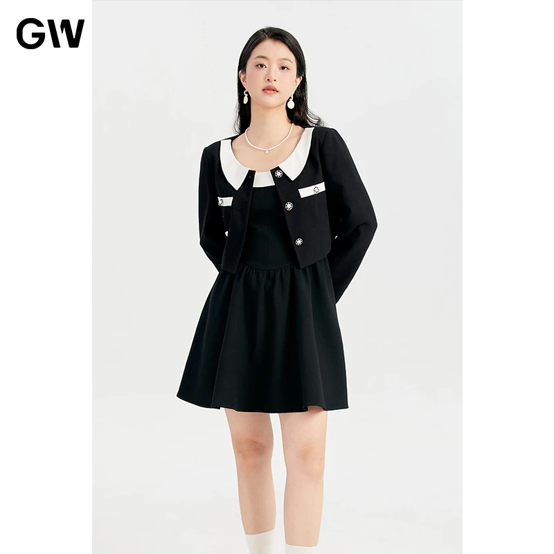 GW大码女装气质短外套吊带连衣裙套装小香风显瘦长袖针织3D5450