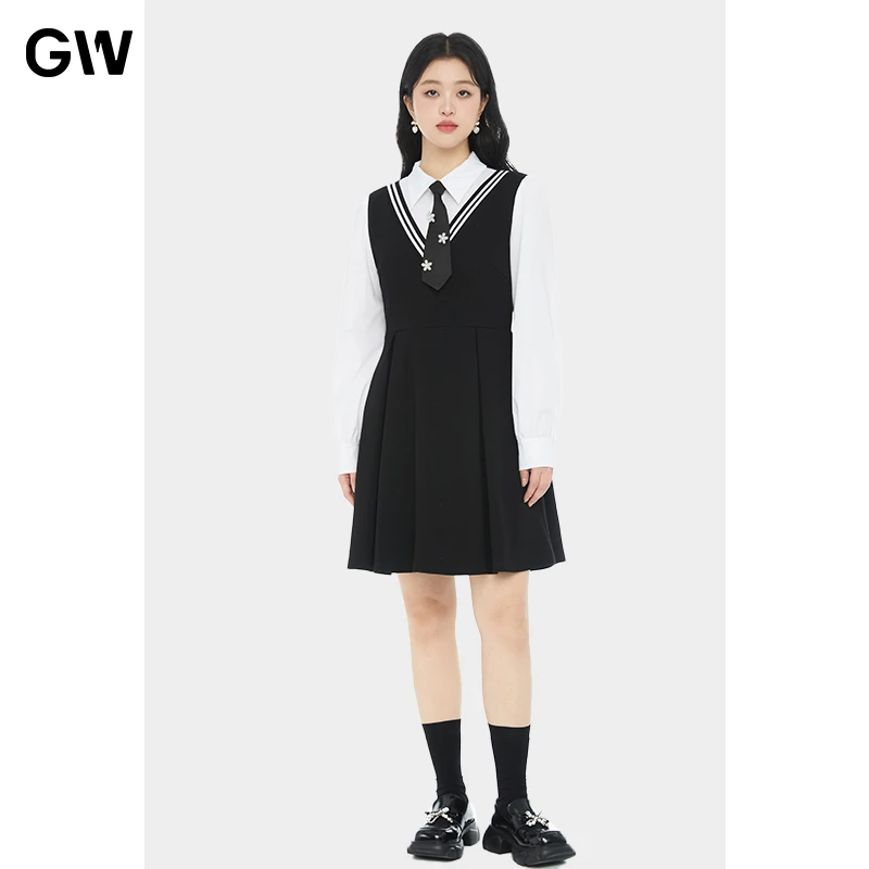 GW通勤大码女装学院风连衣裙2023春秋款胖mm收腰显瘦假两件3L5307
