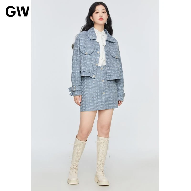 GW大码小香风单排扣半身裙套装2023春季新款短款长袖外套女2D5026