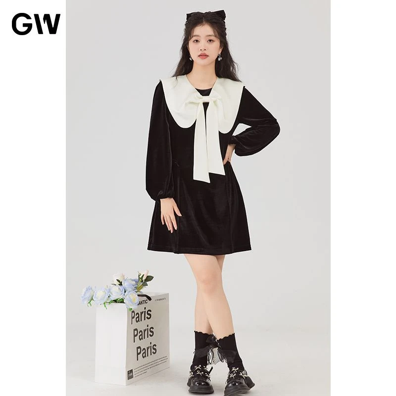 GW大码女装赫本风娃娃领连衣裙胖mm2023春新款金丝绒显瘦遮肉裙子