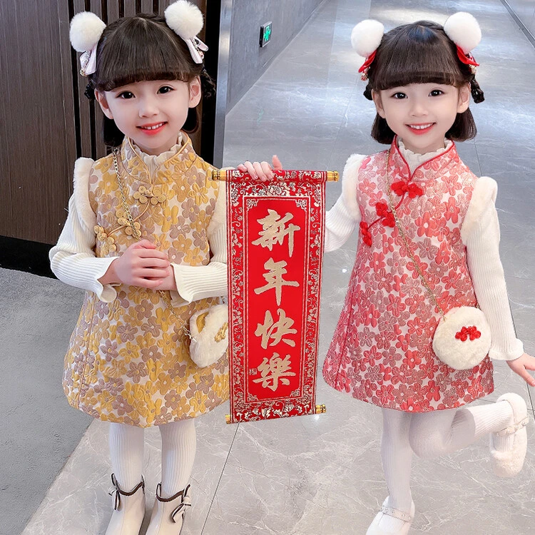女童冬季新年年服花朵旗袍裙拜年服带包包