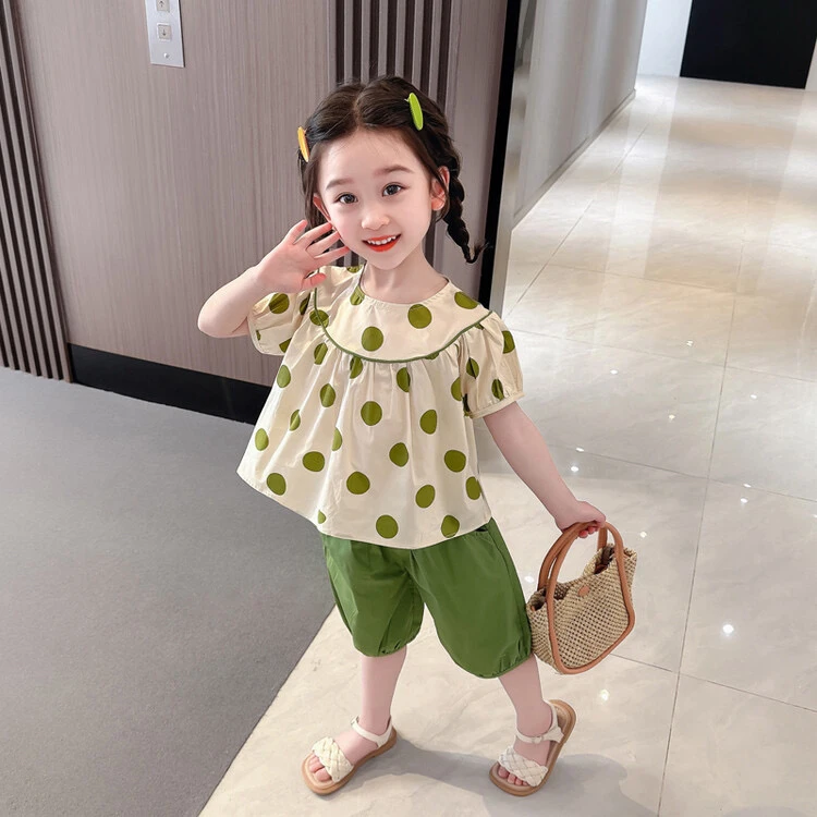 女童夏季新款套装韩版简约大方圆点娃娃领泡泡短袖两件套
