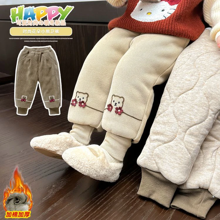 (一条过冬)女童冬季新款洋气小熊花朵三层加绒加厚棉裤