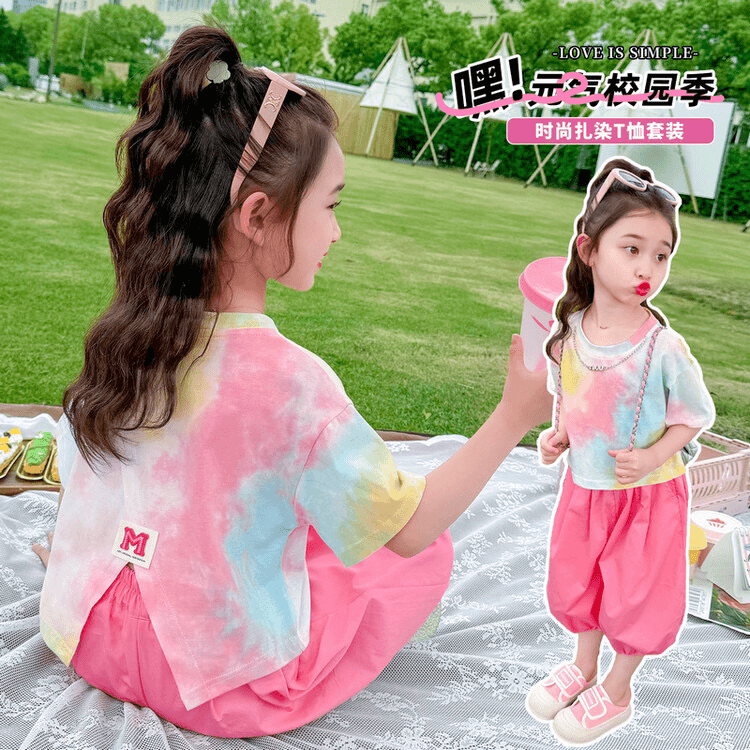 女童夏季新款套装甜美可爱后背开衩扎染短袖两件套