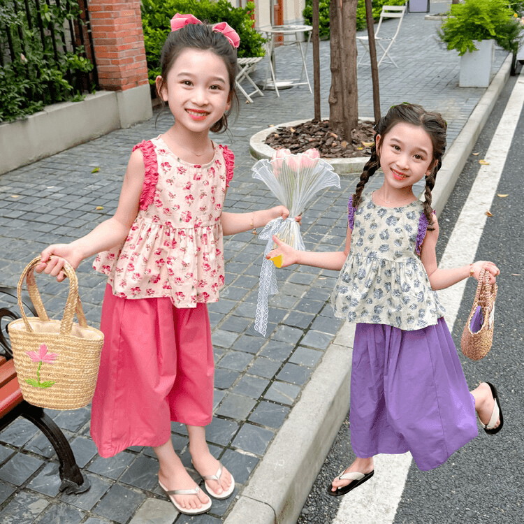 女童夏季新款套装夏日缤纷甜美碎花花边背心阔腿裤两件套