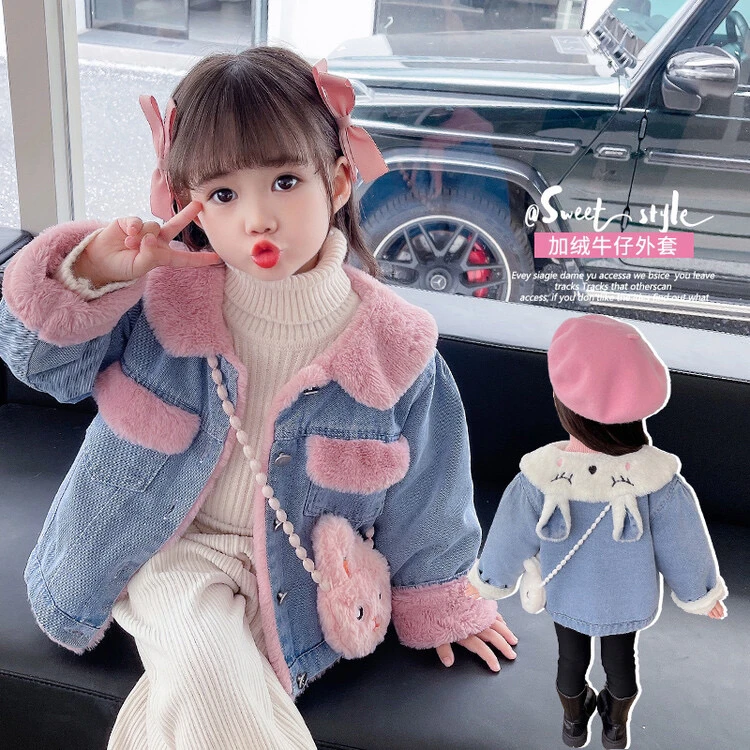 女童冬季新款甜美可爱小兔子牛仔加绒外套