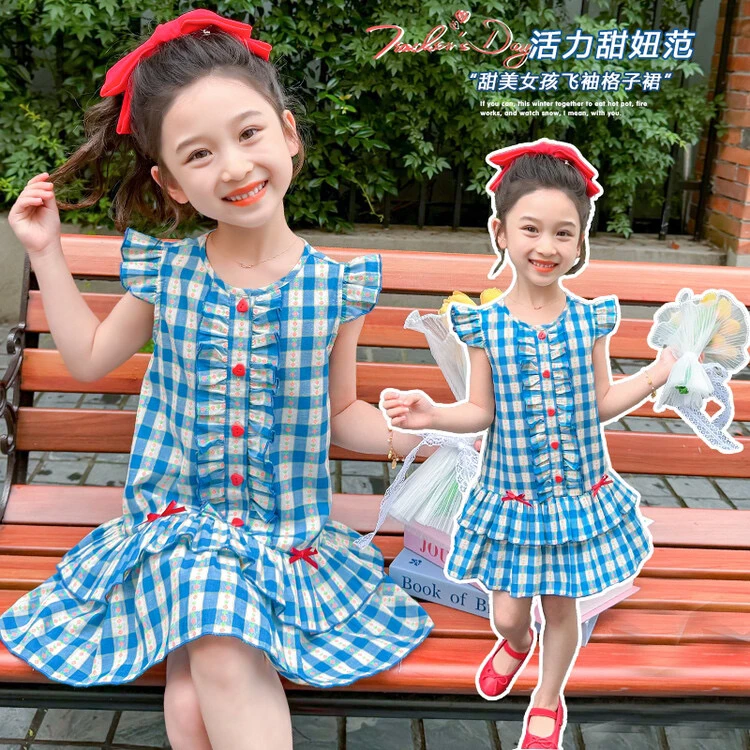 女童夏季新款可爱甜美小飞袖格子蝴蝶结连衣裙