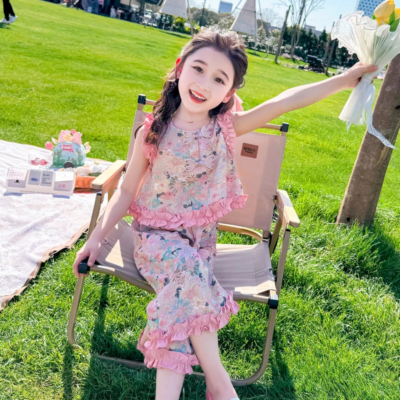 女童夏季新款套装夏日清新花朵盘扣背心阔腿裤两件套碎花洋气