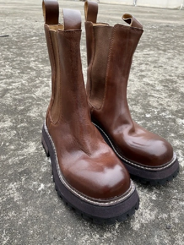 CHEN C手工女鞋（34-40码）/5.5cm欧版定制真皮手工做旧中筒烟筒靴