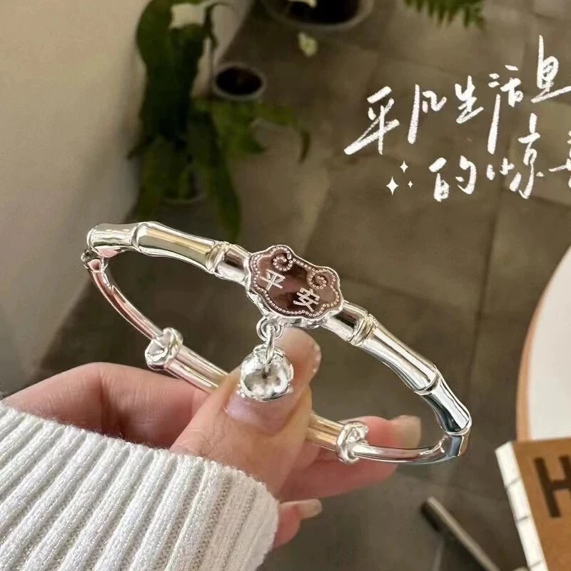 足银手镯 A829足银999.9竹节平安锁铃铛推拉小众年轻款简约百搭