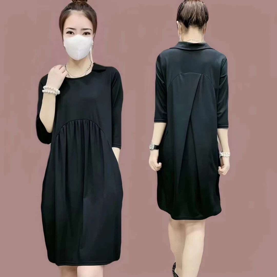 气质舒适韩版半袖七分袖休闲遮肉显瘦设计感小心机半翻领连衣裙