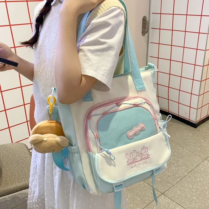 可爱撞色小清新学院少女斜挎包日系ins大容量学生上课单肩托特包