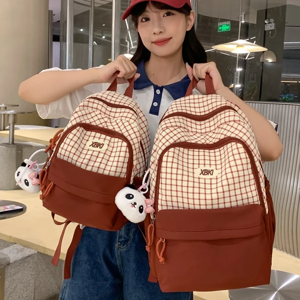 高颜值韩版ins格子双肩包小众 初中女生高中学生书包女大容量背包