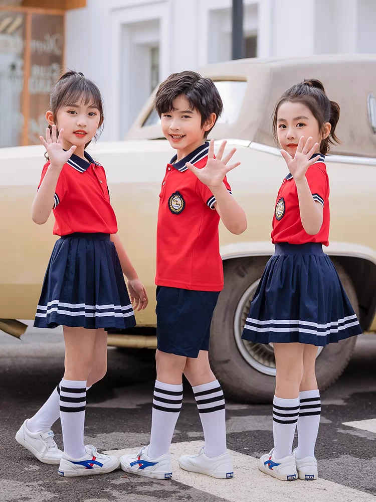 夏季中小学生校服班服幼儿园园服红色学院风