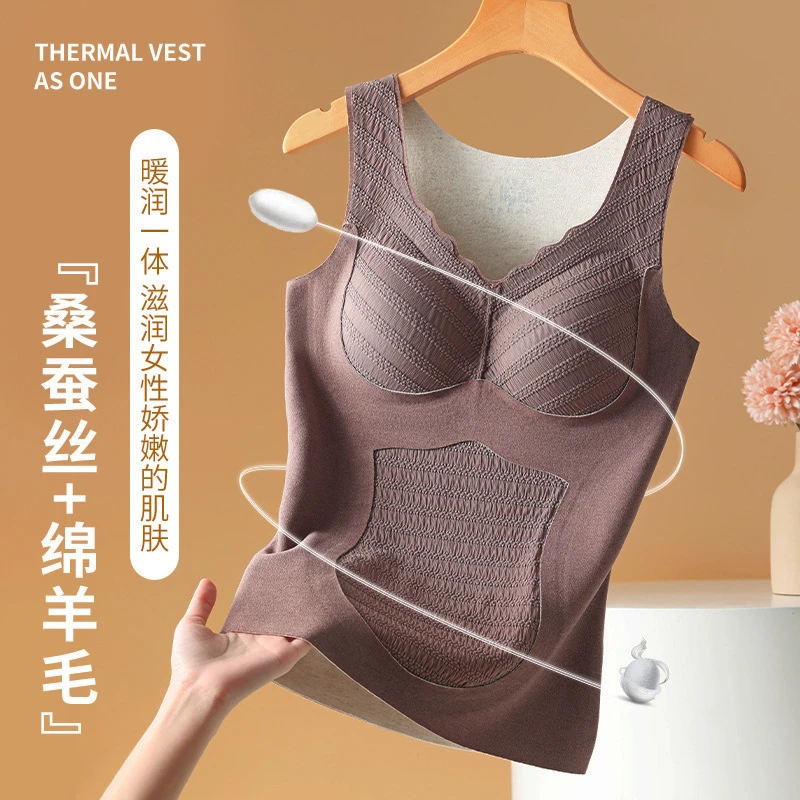 秋冬保暖背心女带胸垫一体内穿外搭打底衫德绒保暖内衣042蕾丝