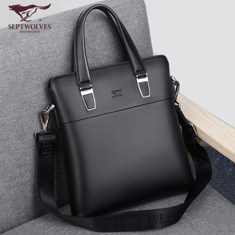 七匹狼男士手提包真皮竖款立款单肩公文包纯头层牛皮包大号手拎包