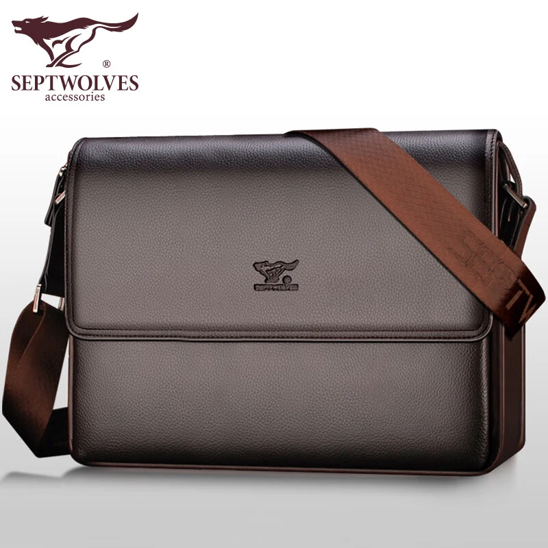 七匹狼真皮男包单肩包斜挎包男士商务大容量横款牛皮文件包高档潮