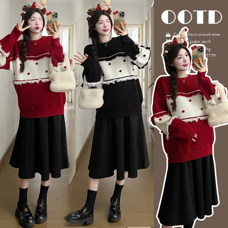 孕妇装秋冬百搭设计感针织毛衣圣诞新年红色韩版显瘦宽松遮肚外穿