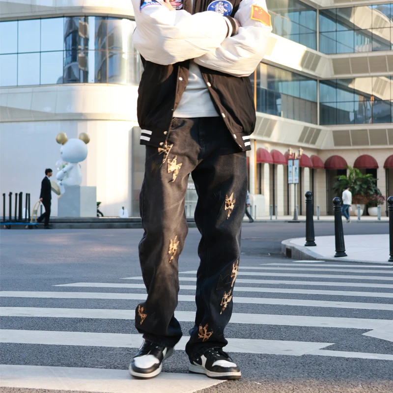 THIS WOW美式暗夜黑豹纹 男女直筒裤贴皮高盎司黑色牛仔裤