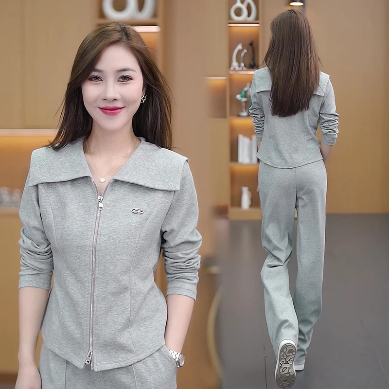 拉链开衫时尚卫衣阔腿裤两件套海军领套装秋冬直播女长袖运动棉质