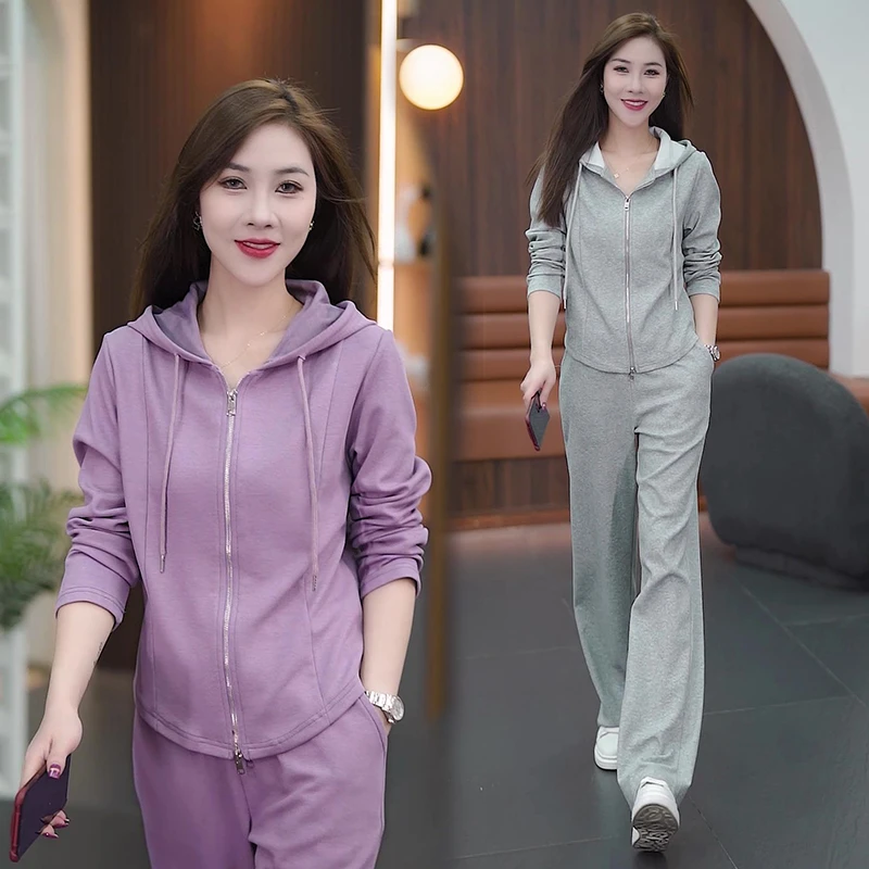 长袖运动休闲套装秋冬季直播女棉质拉链开衫连帽卫衣阔腿裤两件套