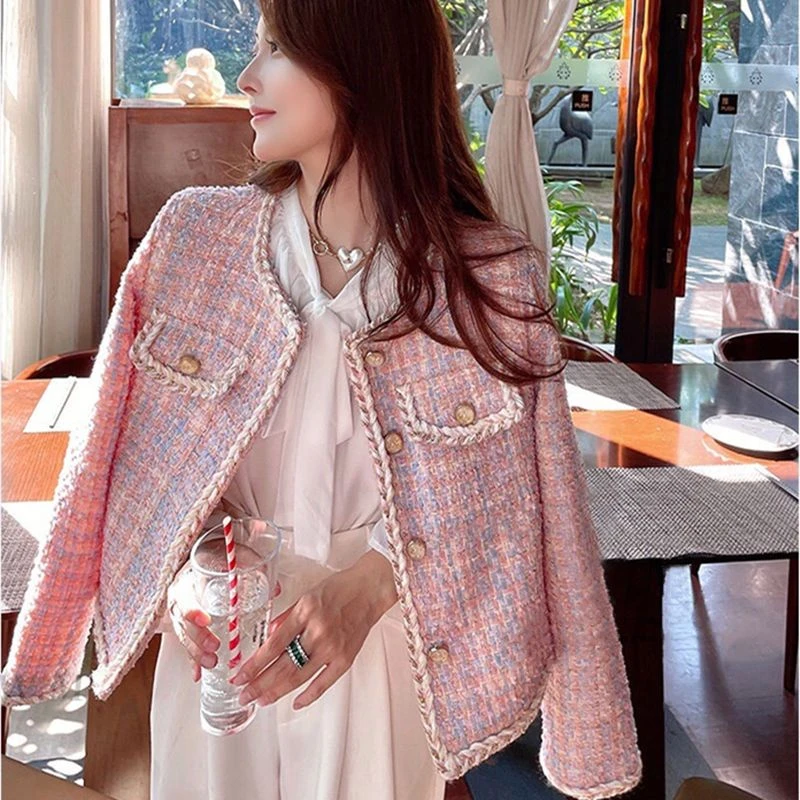 春秋时尚小香风粗花呢毛呢外套女圆领气质名媛风洋气短款百搭上衣