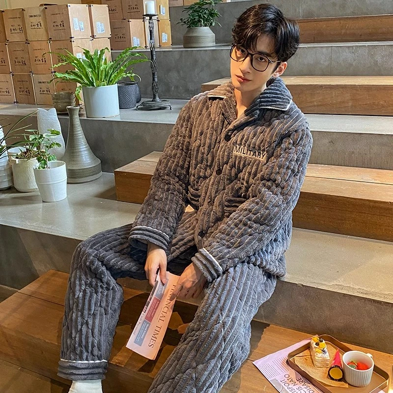 【4斤超厚蓄暖】三层加绒保暖加厚夹棉睡衣男士冬季冬款家居服套装