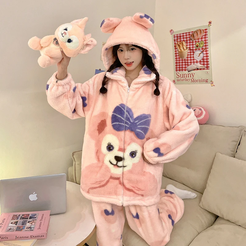 法兰绒睡衣女秋冬季可爱卡通加厚保暖连帽拉链珊瑚绒冬款家居服套