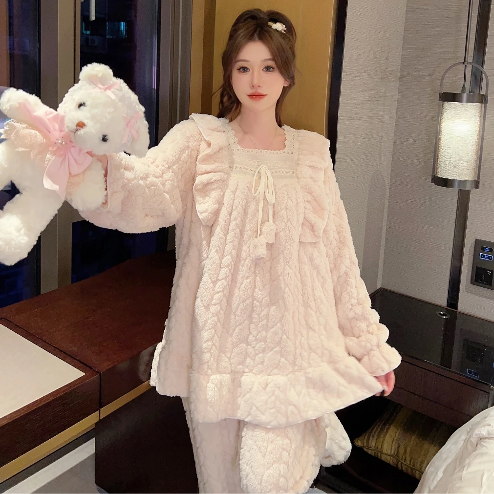 2024新款珊瑚绒睡衣女秋冬季加绒加厚保暖甜美可爱公主宽松家居服