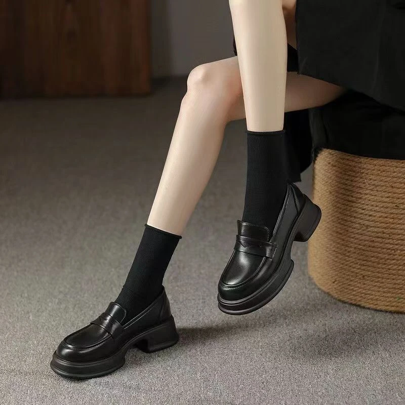 黑色小皮鞋女英伦风单鞋子2023新款学院风单鞋女粗跟厚底乐福鞋女