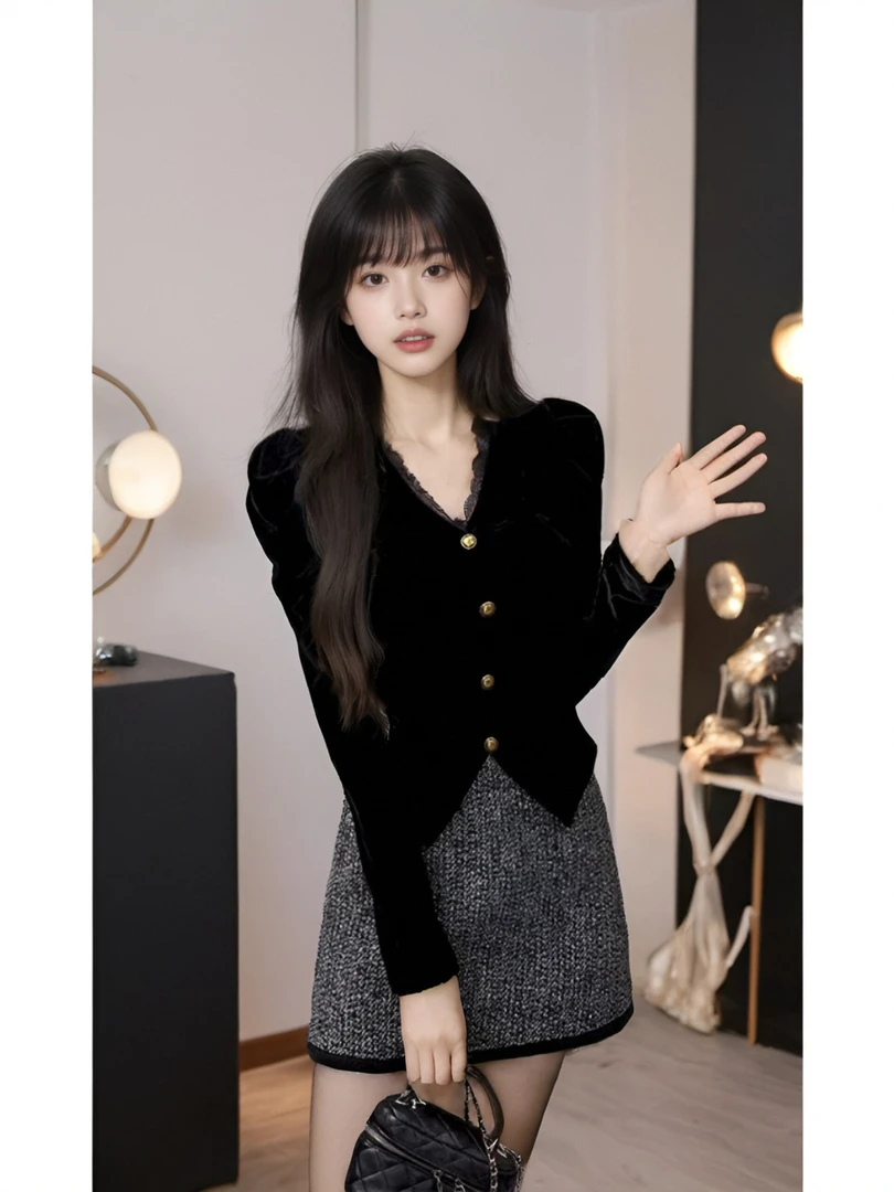 2024秋冬法式小香风蕾丝花边拼接打底设计感金扣丝绒衬衫