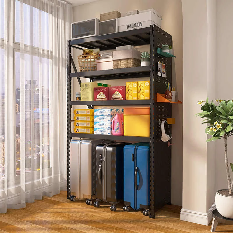 黑色四层下空式洞洞板货架家用置物架多层客厅阳台行李拉杆箱收纳