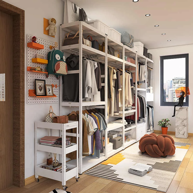 简约白色衣架落地卧室挂衣家用开放式衣帽间一面墙金属置物架组合