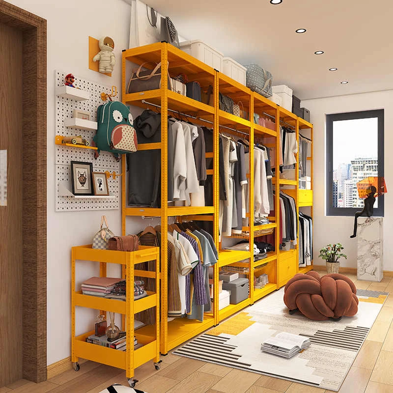 峰阳黄色衣架落地卧室挂衣家用开放式衣帽间柜子组合一面墙置物架