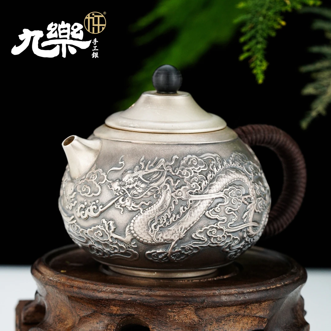 九乐 足银银制品 做旧龙凤呈祥茶壶104克 足银999