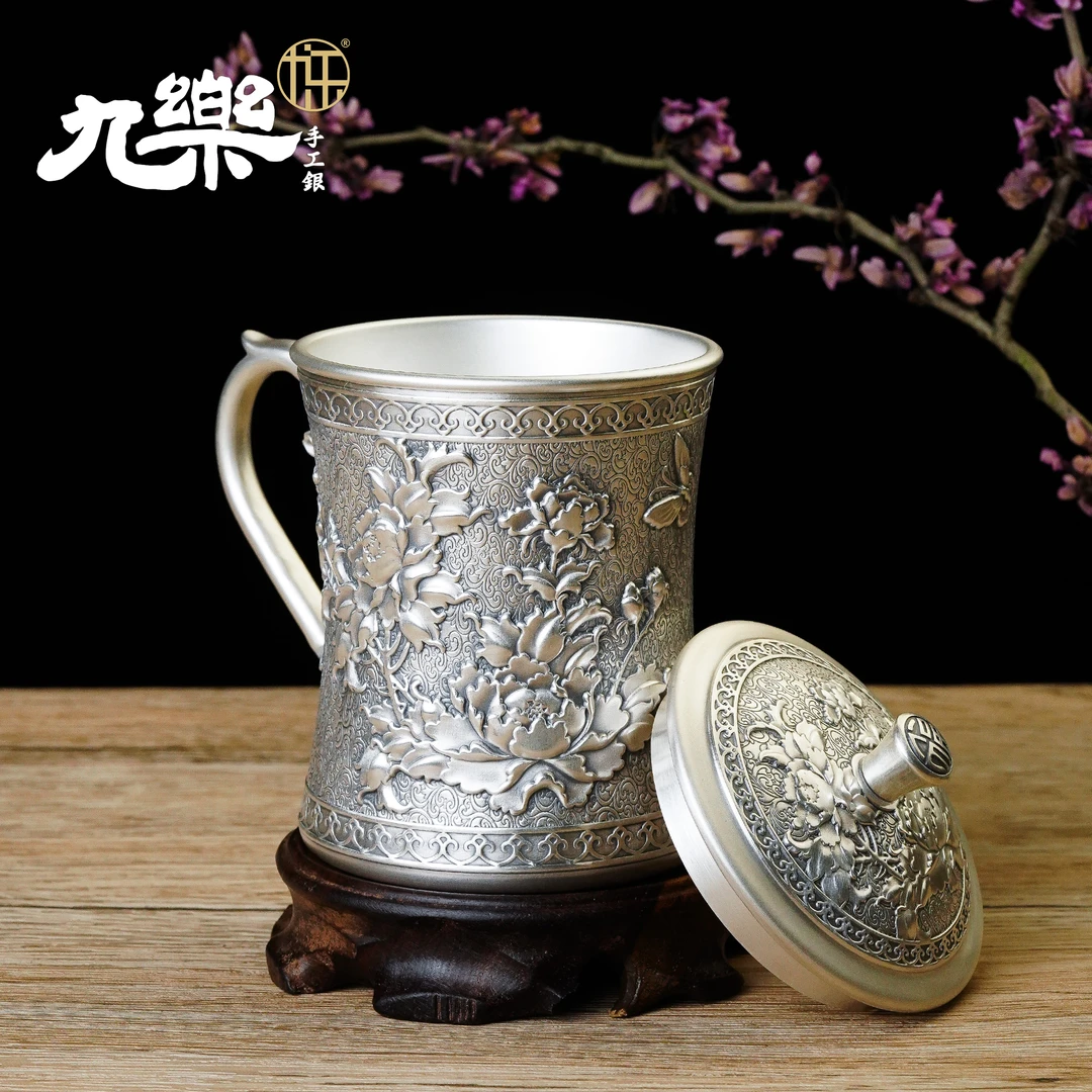 九乐 足银银制品 蝶恋花红牡丹茶缸杯268克