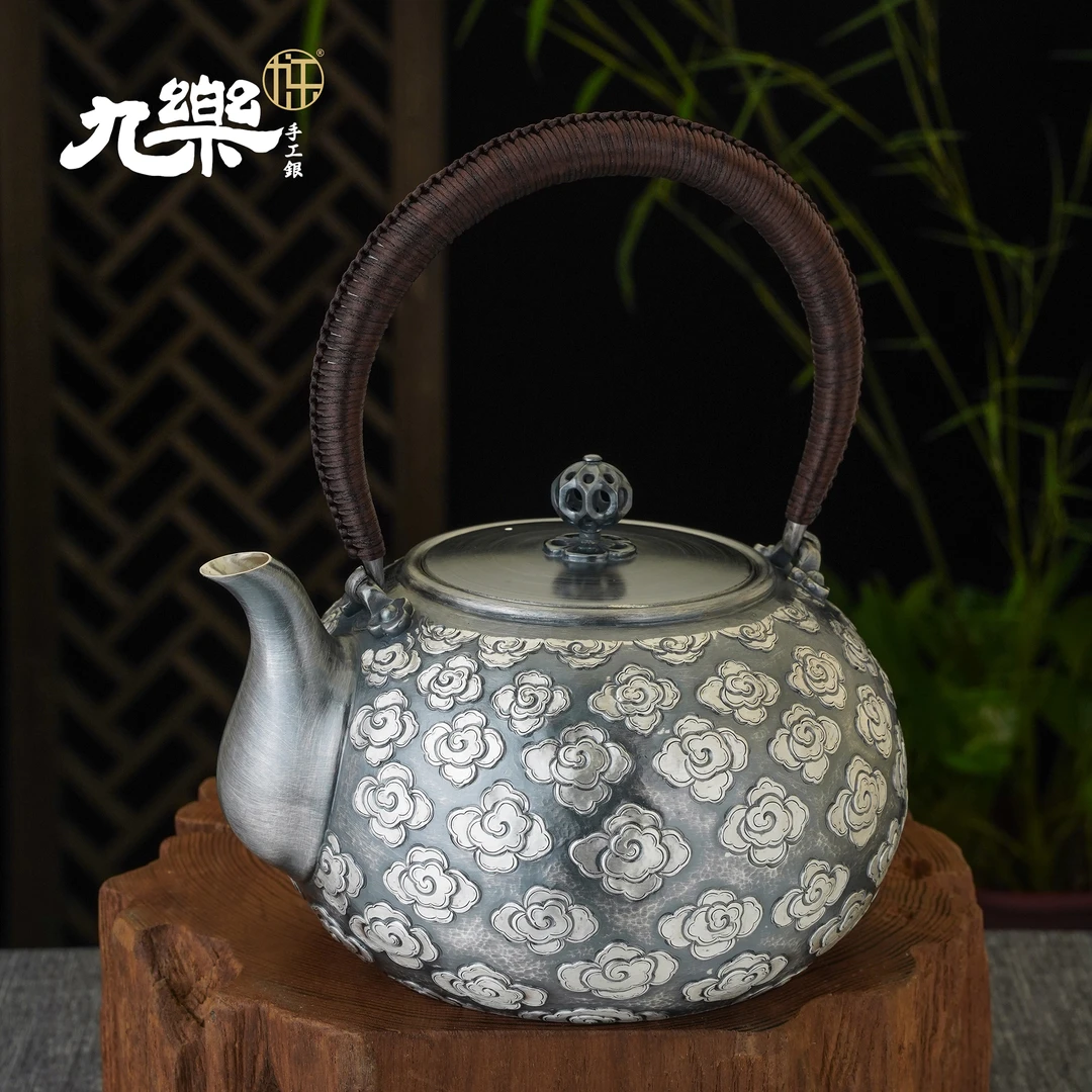 足银银制品 做旧錾刻祥云烧水壶699克 足银999