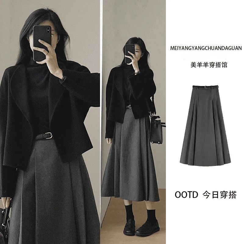 法式气质毛呢上衣女秋冬2025新款设计感中长款高腰显瘦百褶半身裙