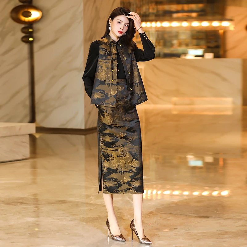 婧涵早秋穿搭套装裙2025新款气质时尚新中式盘扣女装国风两件套