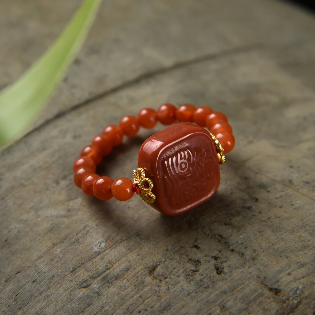 天然原矿南红扎基拉姆时尚国风柿子红本命年戒指