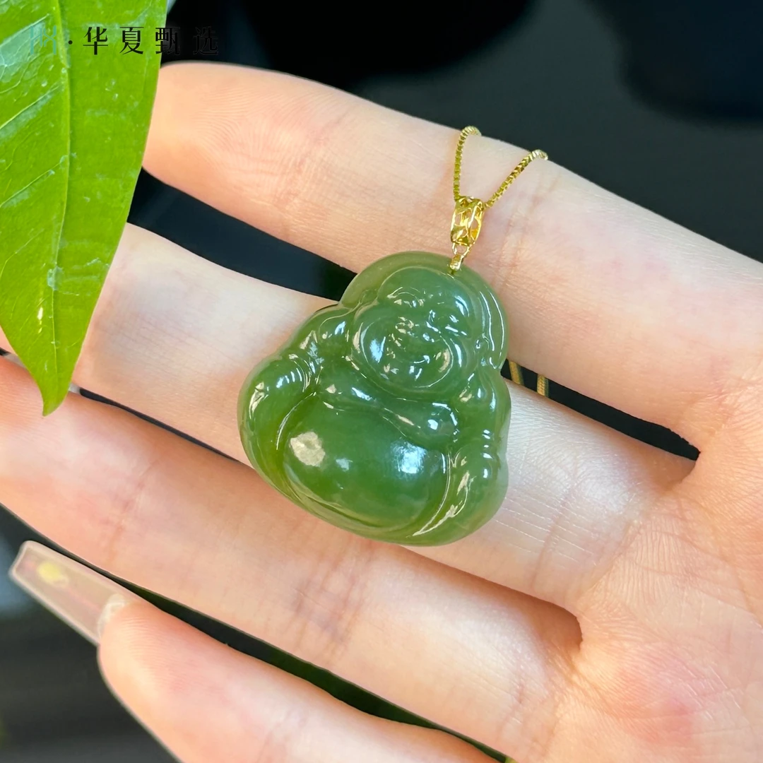 【华夏甄选】18k金天然和田玉俄料碧玉佛公吊坠（约25x25x5）多样性发