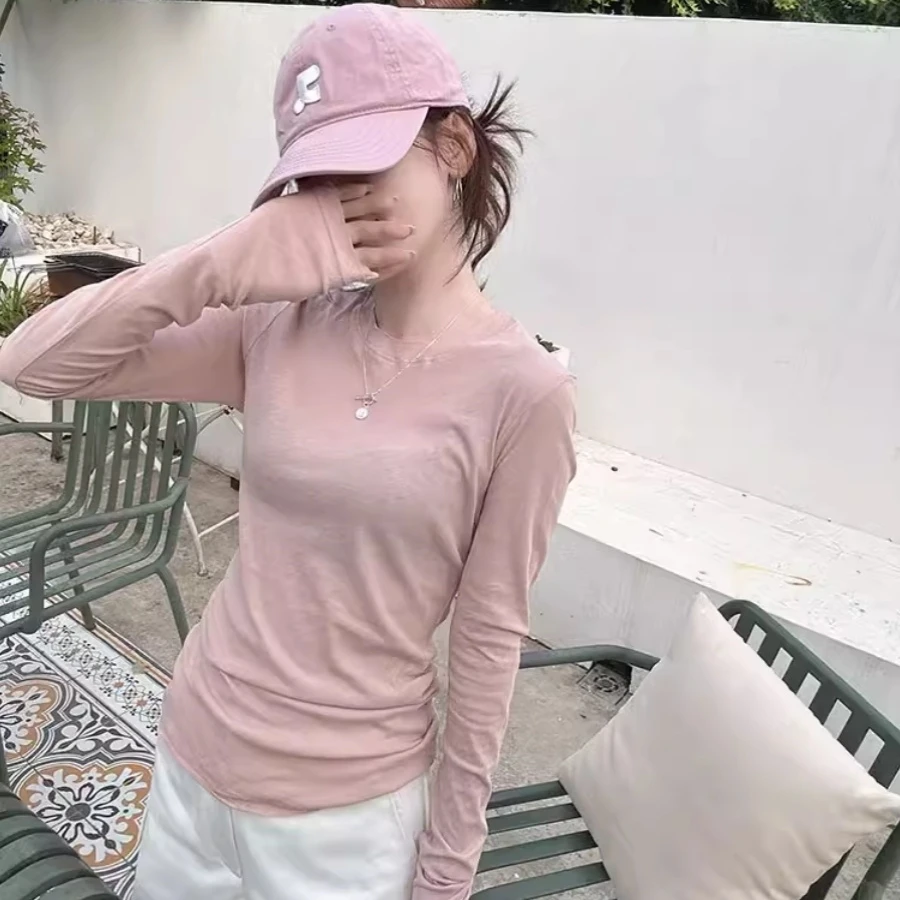韩版粉色莱赛尔面膜T恤女秋季薄款修身长袖内搭打底衫纸片人上衣
